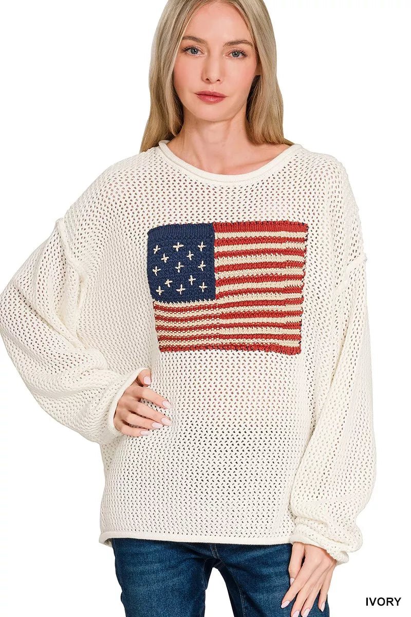 Zenana American Flag Crew Neck Sweater - MDX Global Store